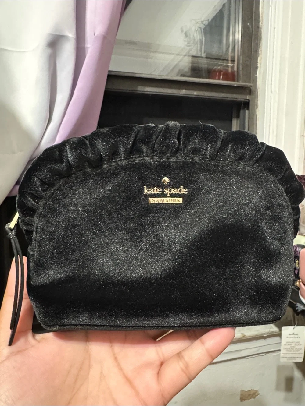 kate spade Black Velvet Ruffle small Cosmetic Bag